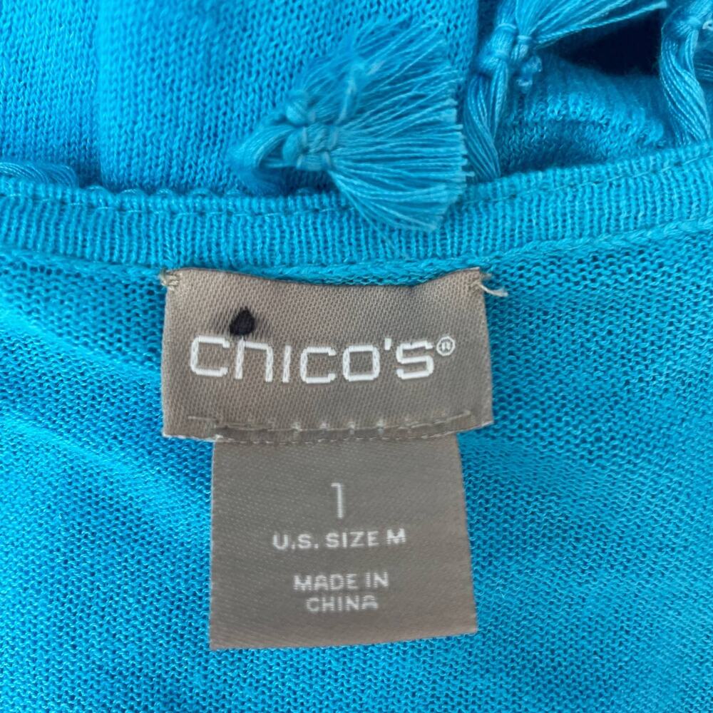 CHICO'S Blue Linen Blend Tassel Trim Open Front Cardigan Boho Sweater Size 1 - Picture 9 of 12